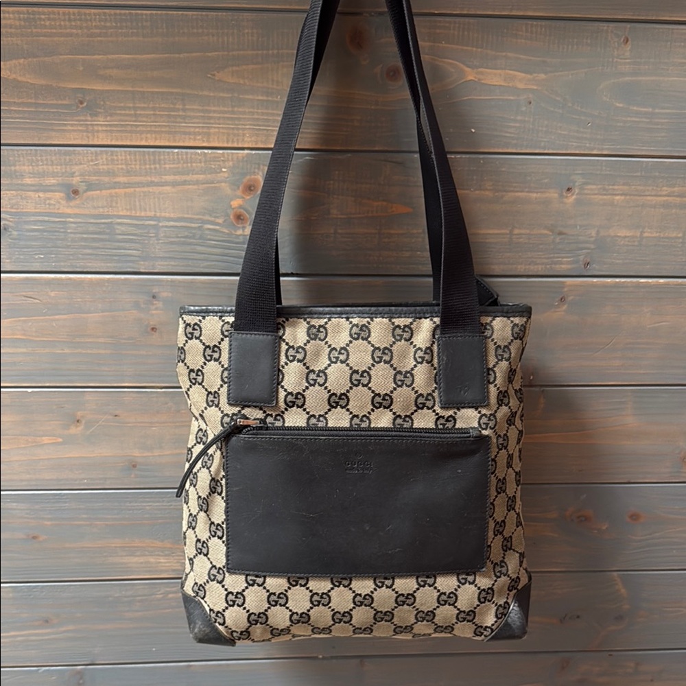 Authentic Gucci GG Monogram Black Leather & Tan Canvas Tote